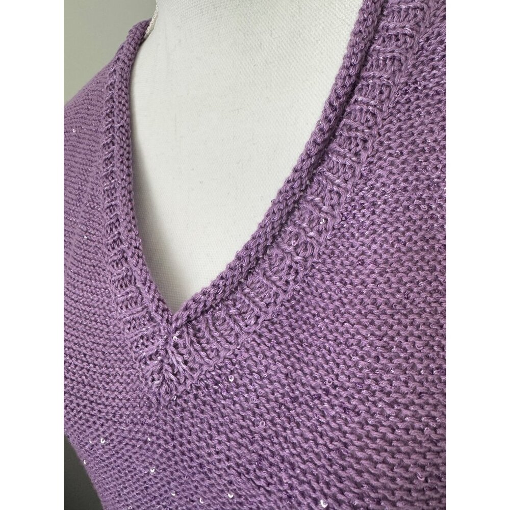 DKNY Jeans Women’s L Purple V-Neck Sequin Knit Sweater 3/4 Sleeves Light Comfort - Picture 2 of 9